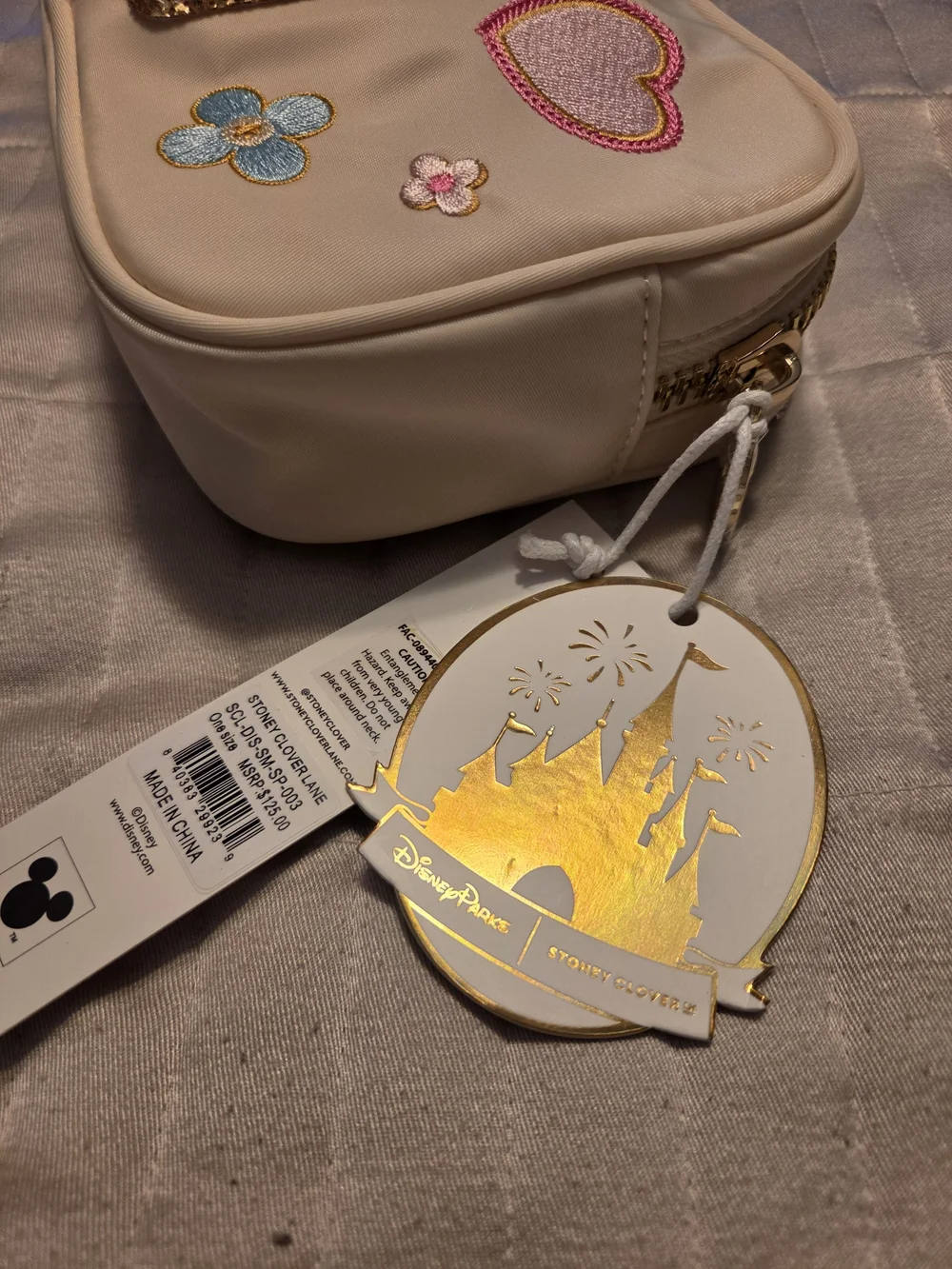 Stoney Clover Lane White Cosmetic Pouch with Pastel Castle Embroidery